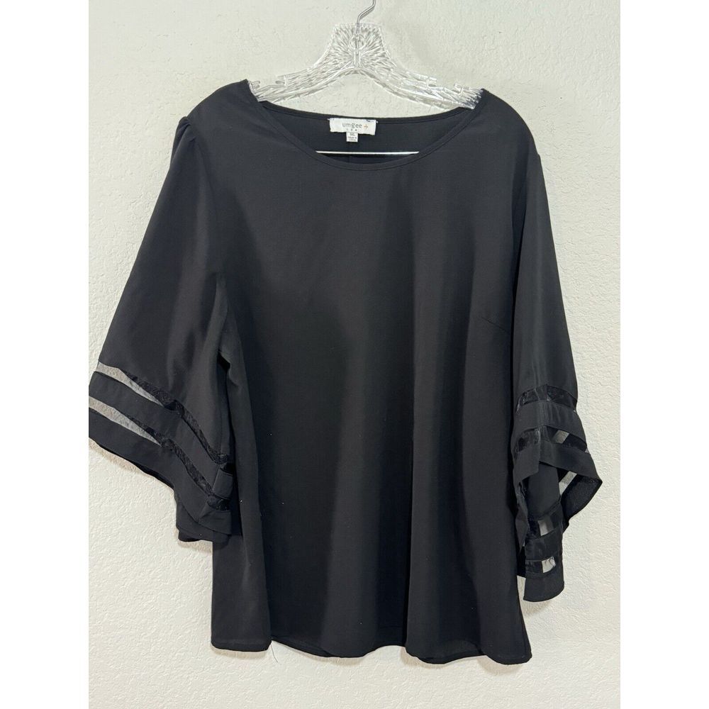 umgee Women's Blouse Black Chiffon Trim 1XL Bell Sleeve